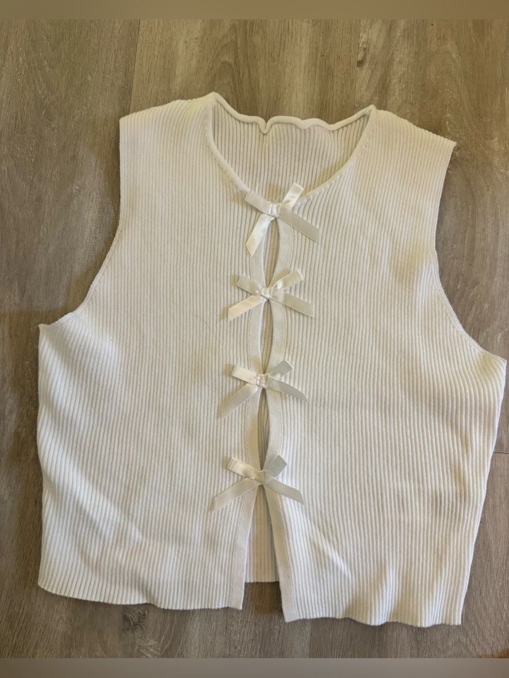 Women’s Cream Ribbed Sleeveless Top with Front Bow Details
